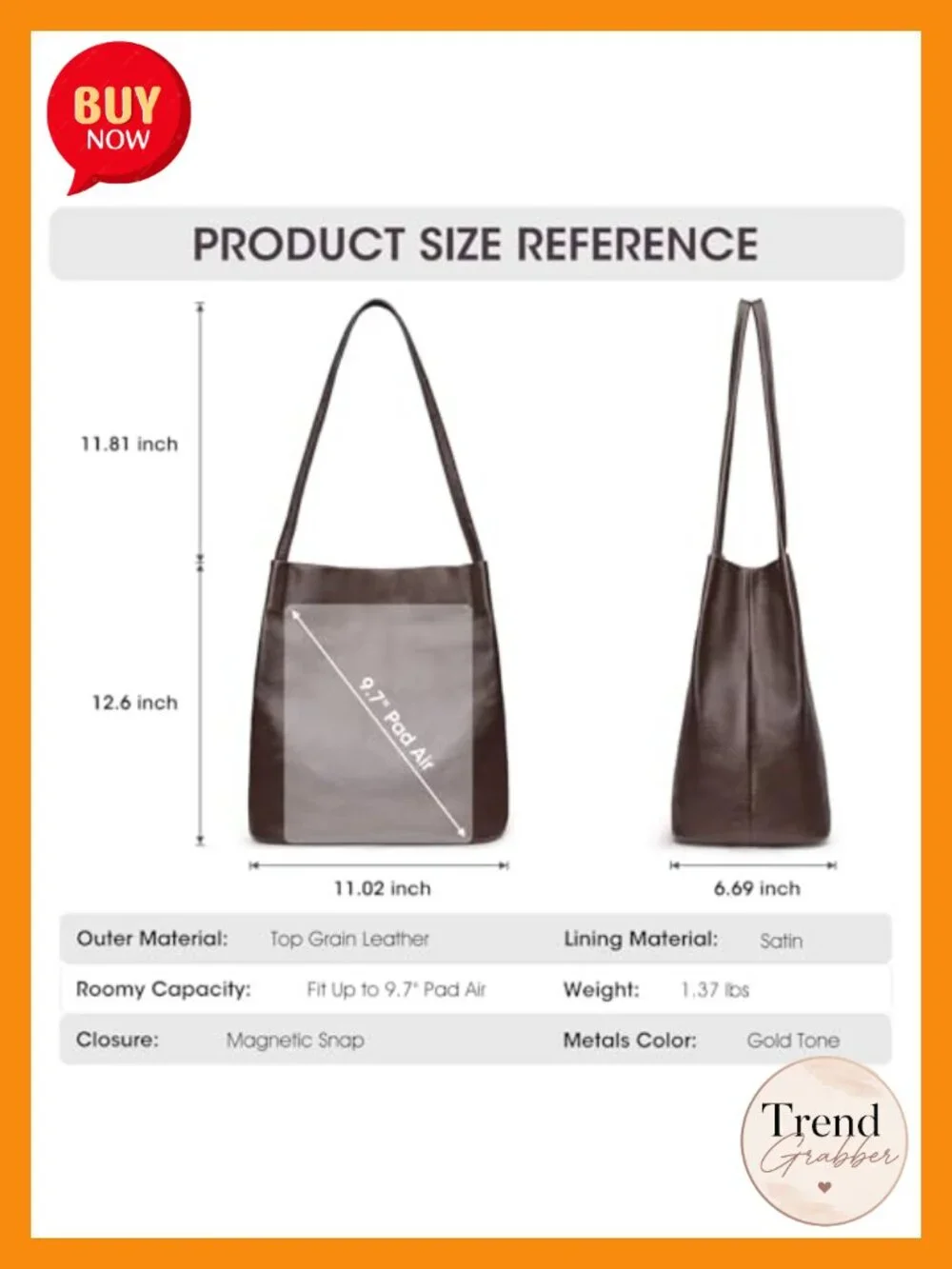 Genuine Leather Tote Shoulder Bag Magnetic Snap Closure Lightweight Spacious