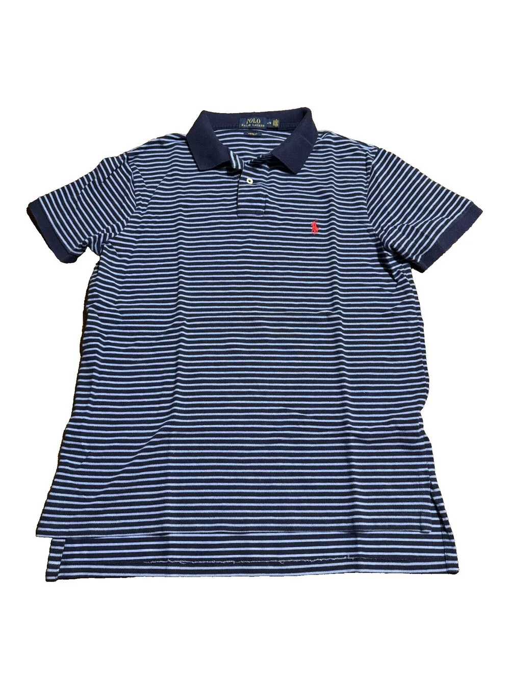 Ralph Lauren Custom Fit Polo shirt Navy Striped Pony Size M (L)  Cotton Preppy