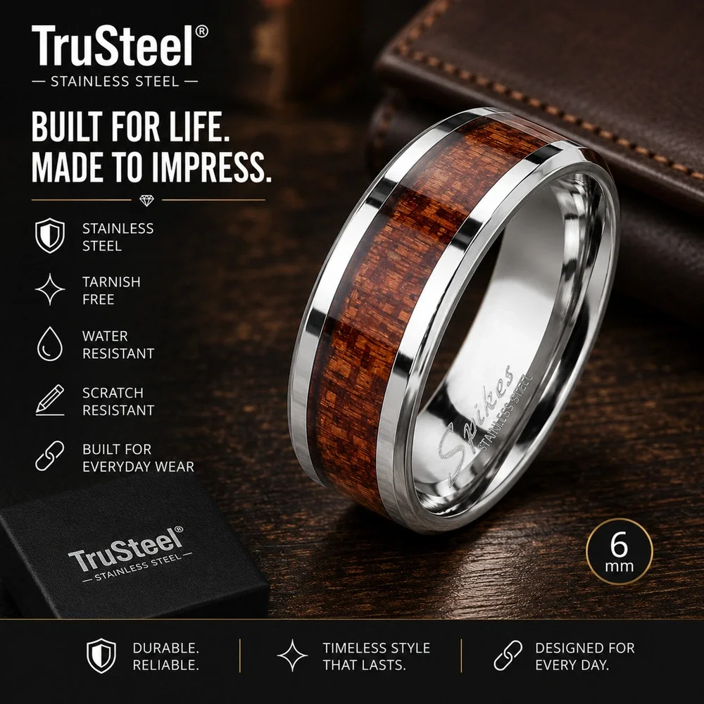 Women’s 316L Stainless Steel Ring Wood Band Comfort Fit Silver 8mm Size 1 2
