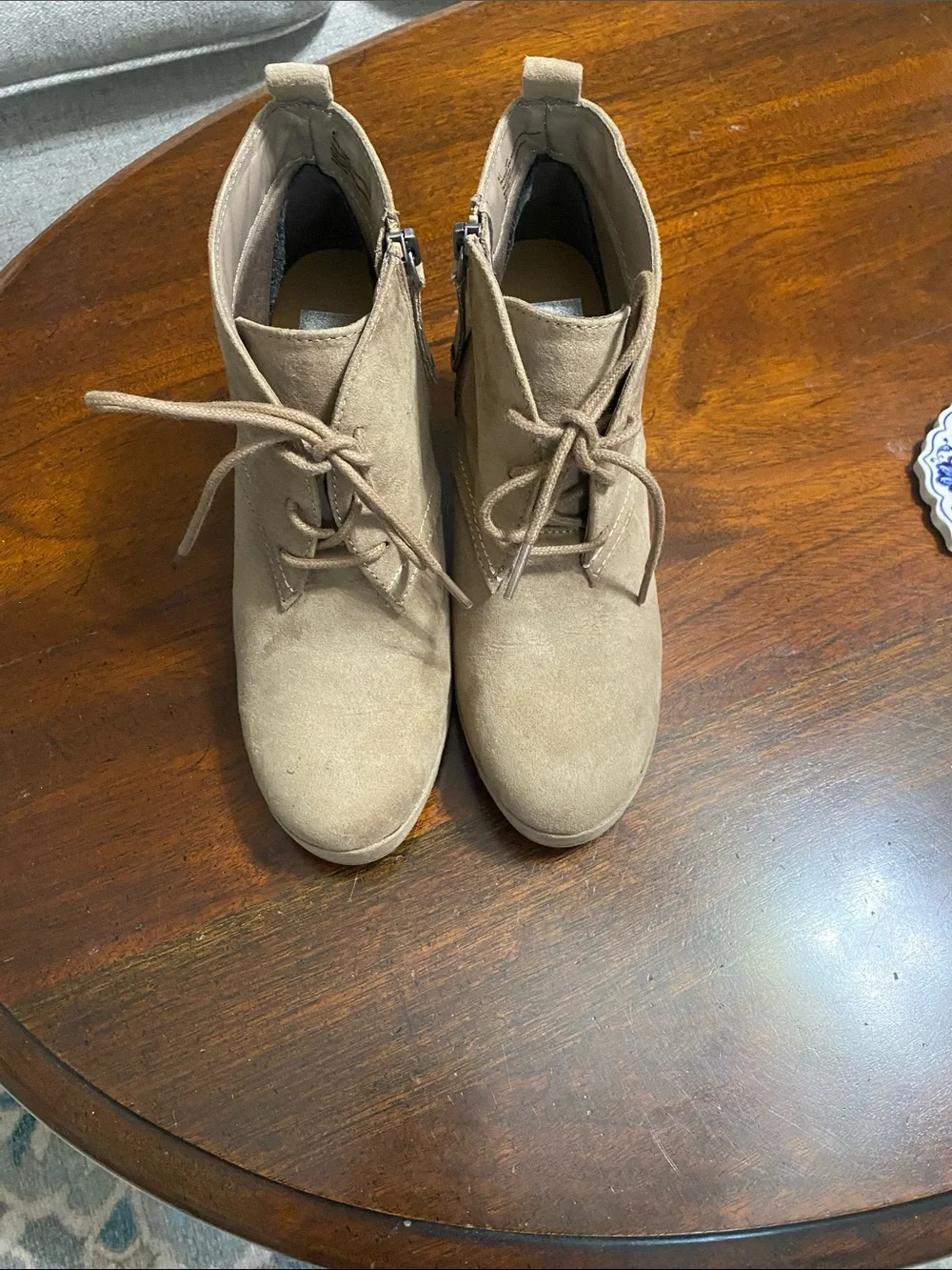 DV by Dolce Vita Taupe Suede Lace-Up Wedge Booties