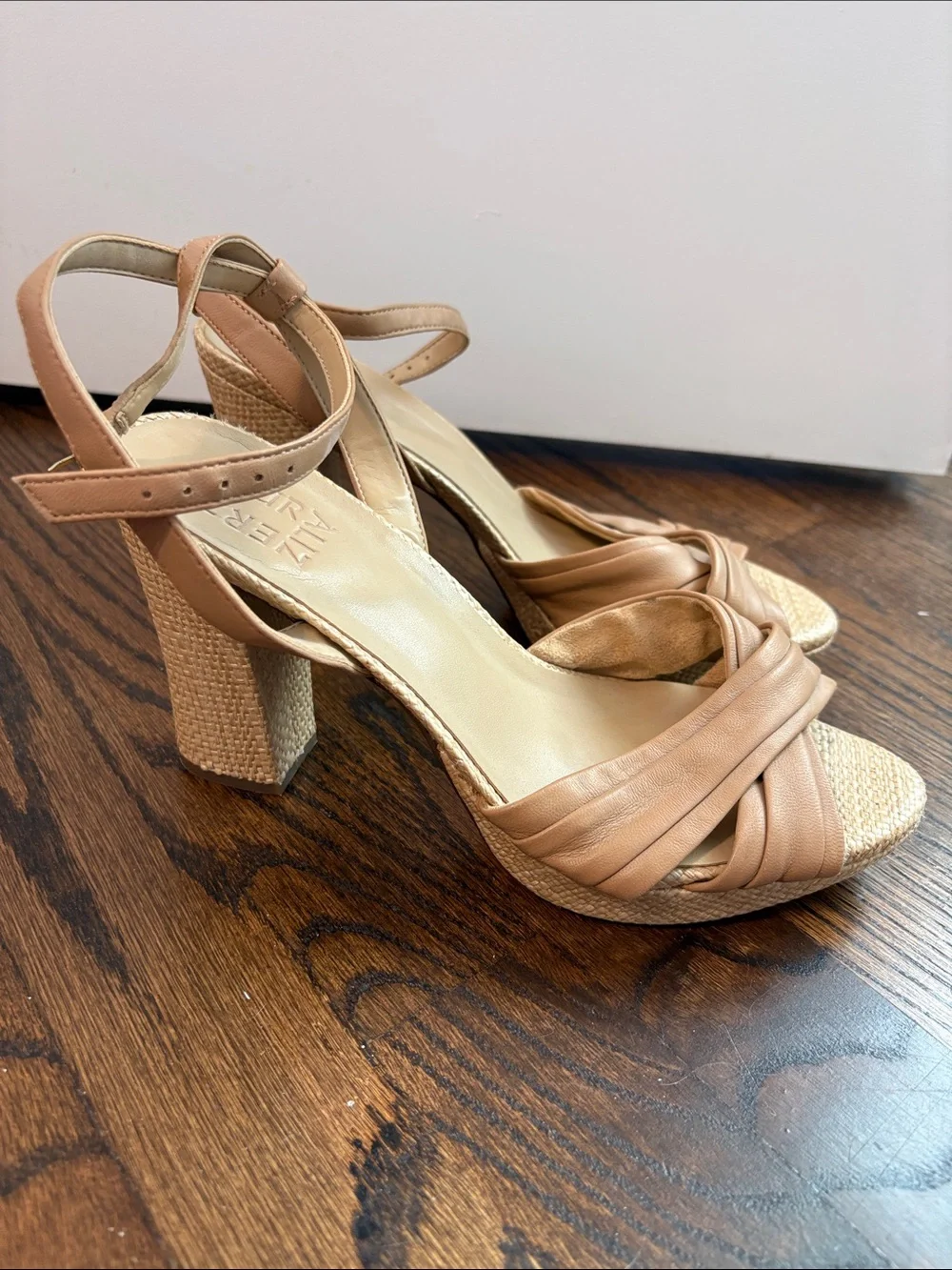 Naturalizer Tan Leather Wedge Sandals with Ankle Strap - Size 8.5W