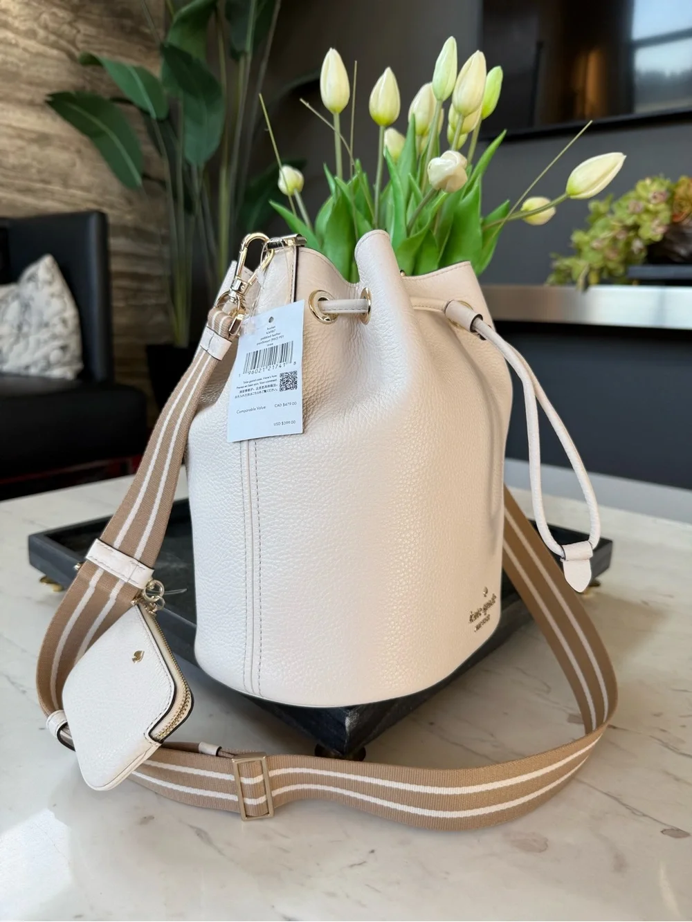 New Kate Spade Rosie Leather Large Bucket Bag Parchment