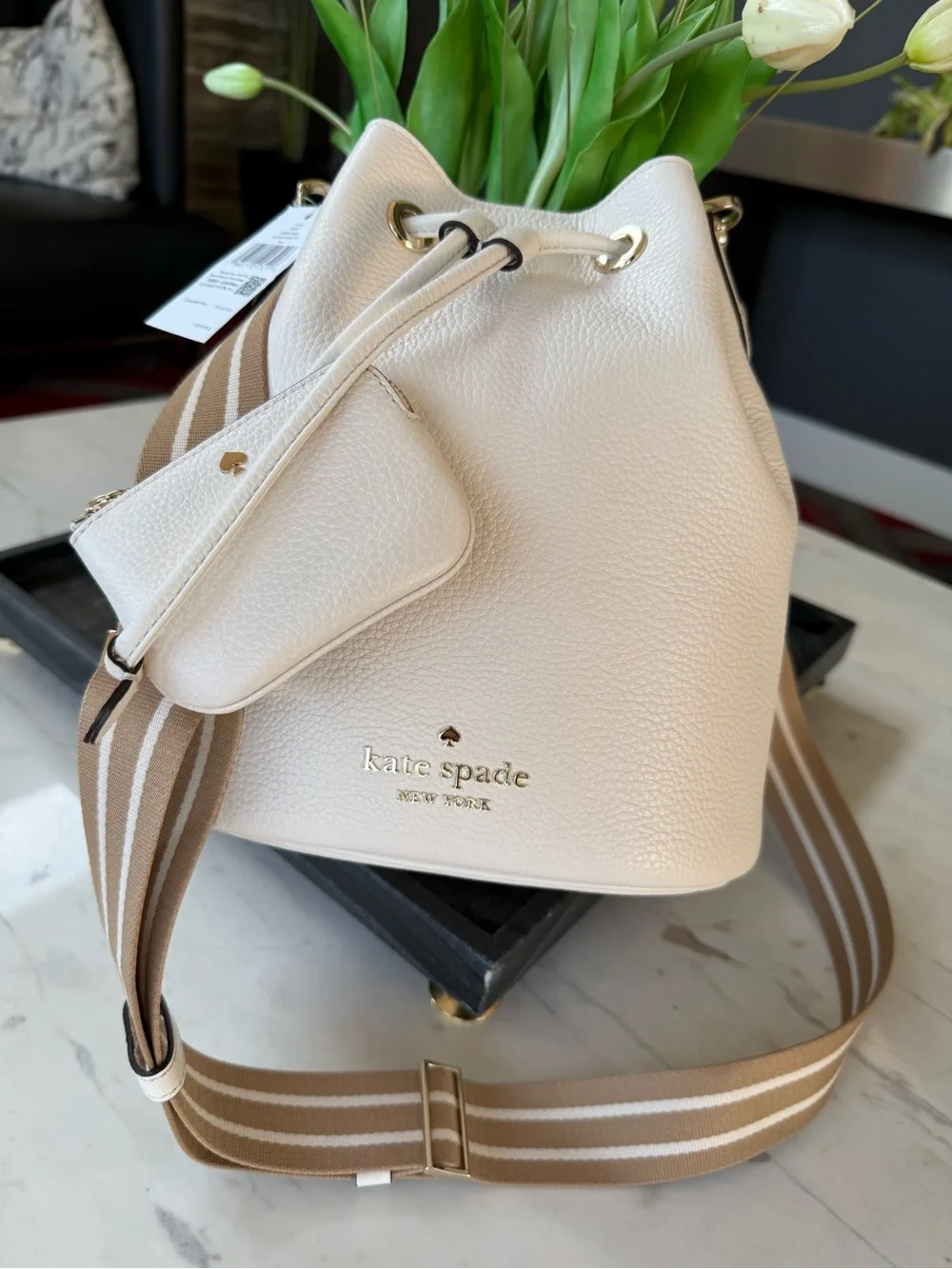 New Kate Spade Rosie Leather Large Bucket Bag Parchment
