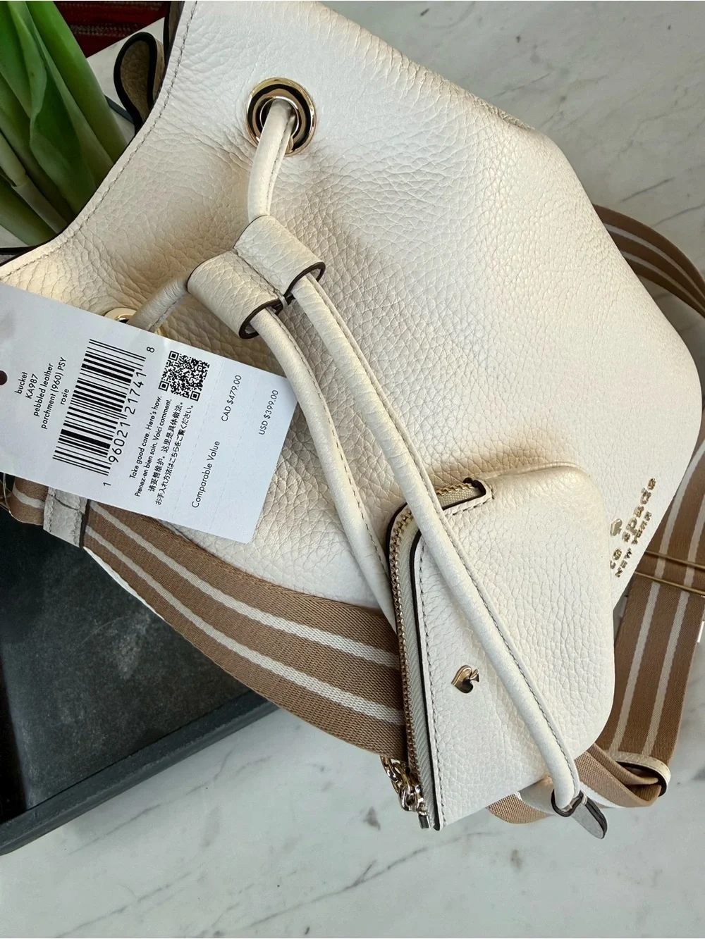 New Kate Spade Rosie Leather Large Bucket Bag Parchment