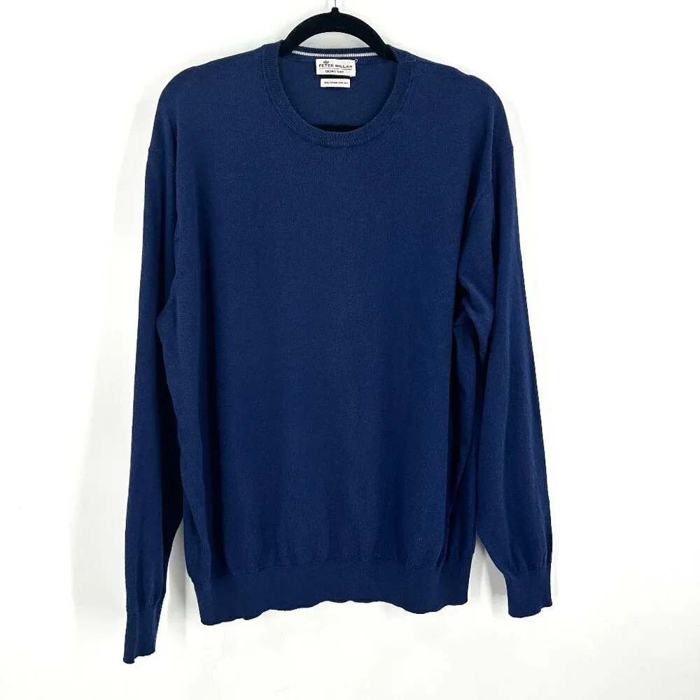 PETER MILLAR Mens Navy Blue Cotton Silk Blend Crew Neck Pullover Sweater Size XL