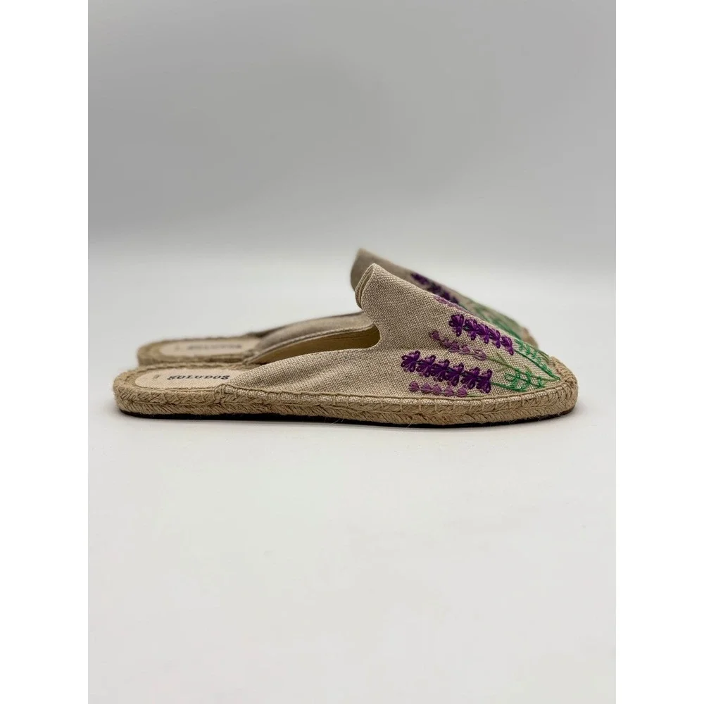 Soludos Lavender Embroidered Espadrille Mules Womens10 Tan Purple Floral SlipOn