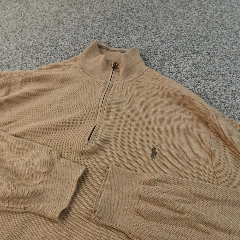 Polo Ralph Lauren Sweater Mens 2XL Beige Pima Pony Waffle Knit‎ 1/4 Zip Pullover