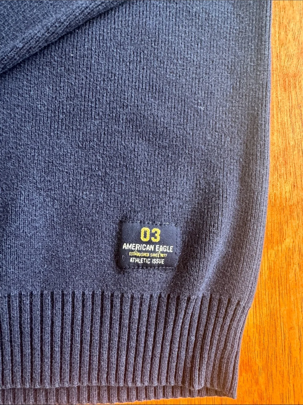 American Eagle Men's XXL Navy Blue Crewneck Sweater with Contrast Sleeve Stripes
