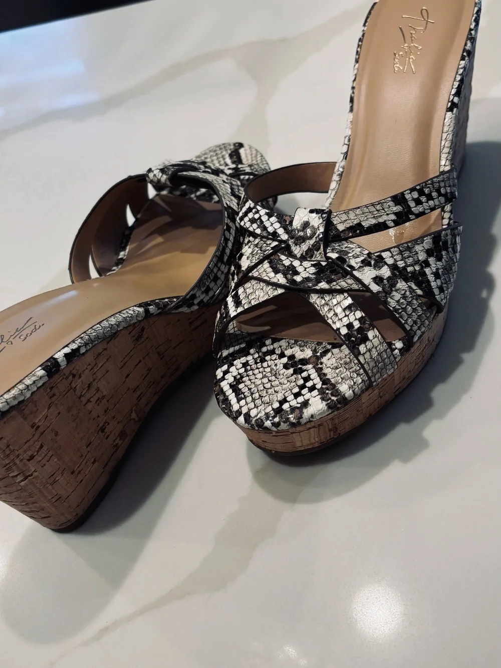 Thalia Sodi Black & White Snake-Print Cork Wedge Sandals