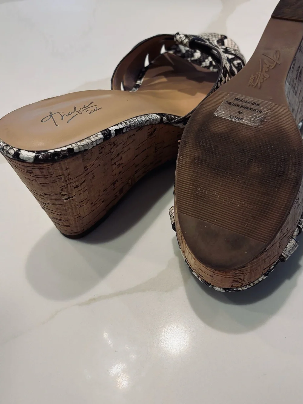 Thalia Sodi Black & White Snake-Print Cork Wedge Sandals