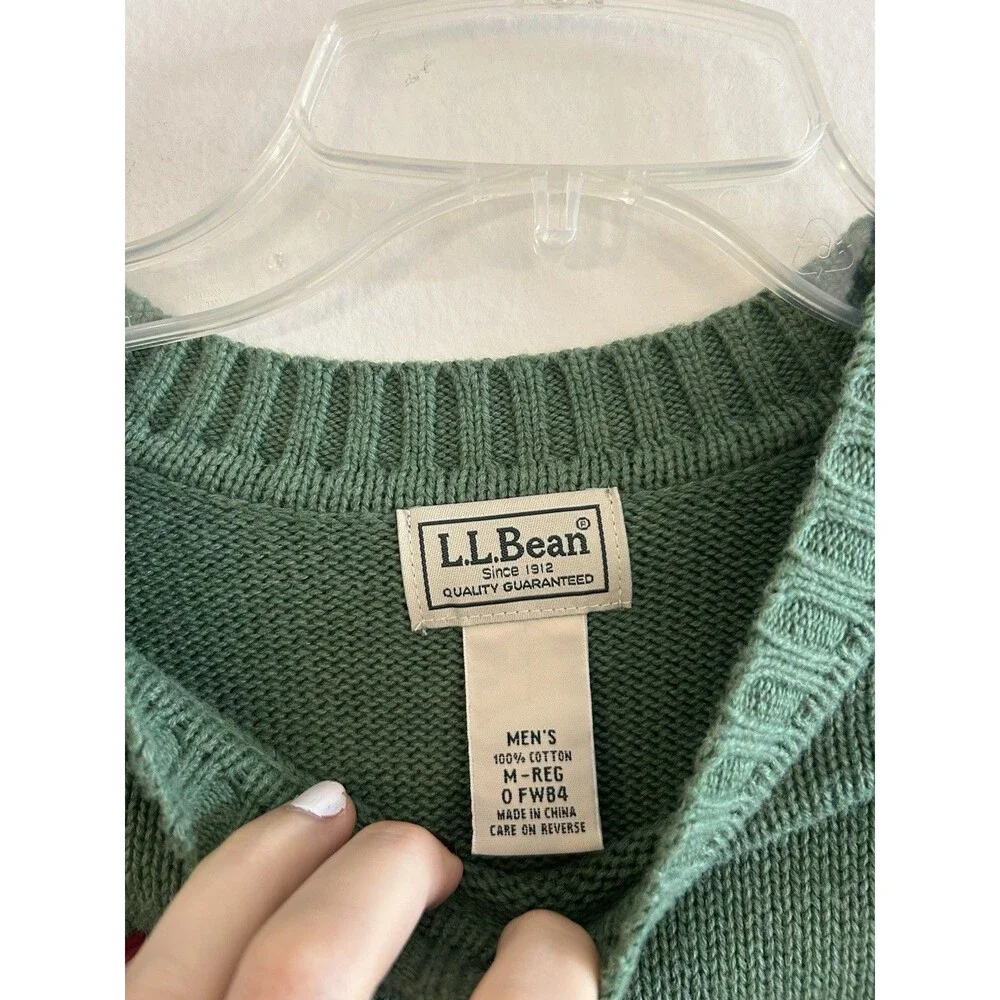 L.L. Bean Men’s M Reg Green V-Neck Sweater 100% Cotton Knit