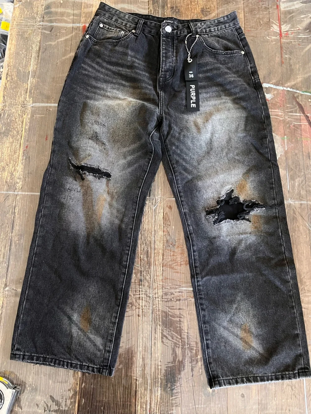 PURPLE Men's Straight loose Distressed Black Jeans