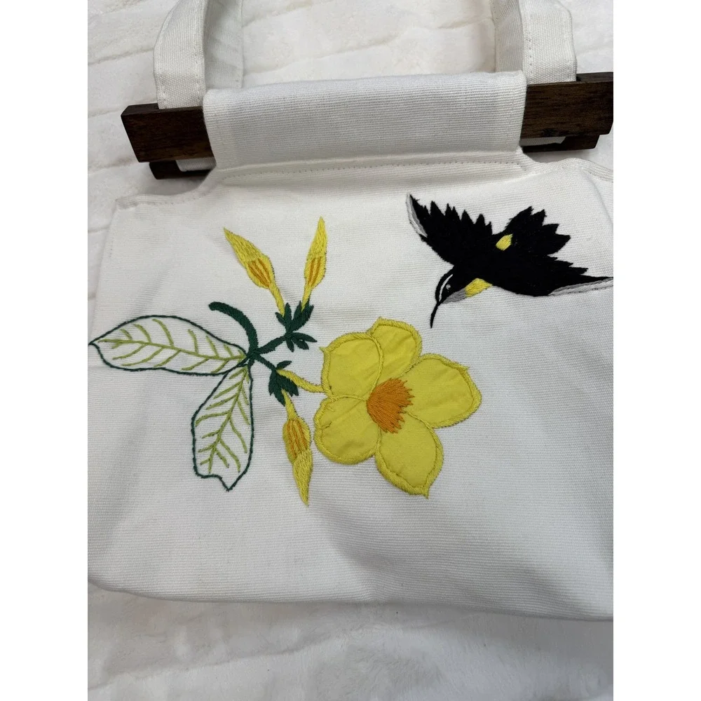 Embroidered Canvas Tote‎ Bag Womens White Yellow Flower Bird Wood Handle Purse