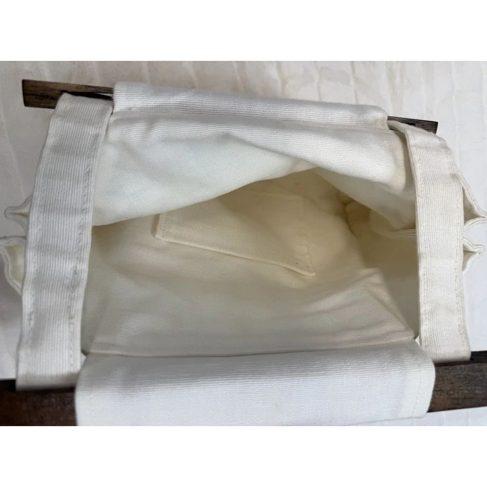 Embroidered Canvas Tote‎ Bag Womens White Yellow Flower Bird Wood Handle Purse
