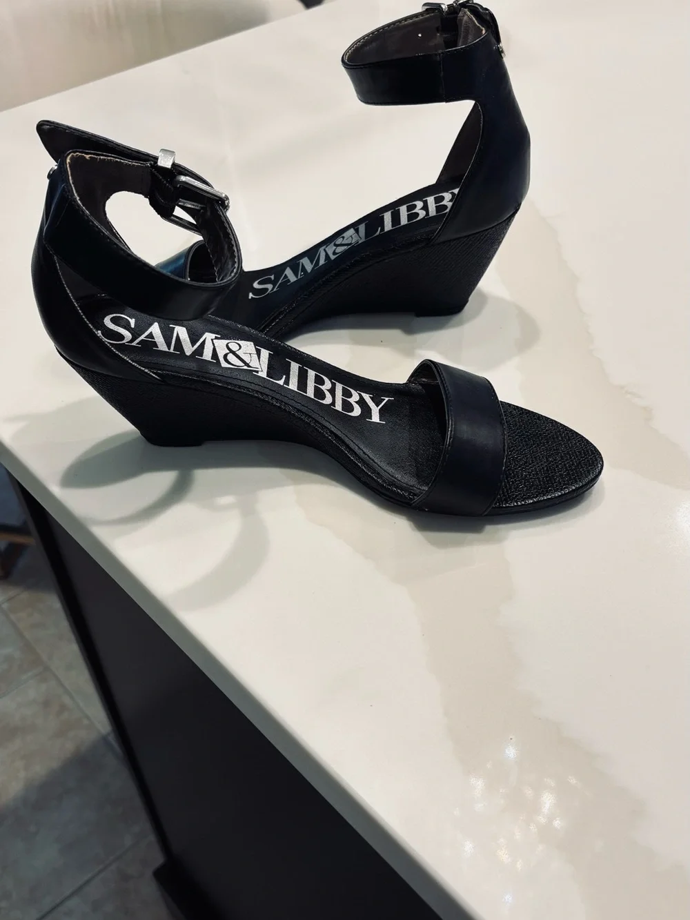 Sam & Libby Black Ankle-Strap Wedge Sandals