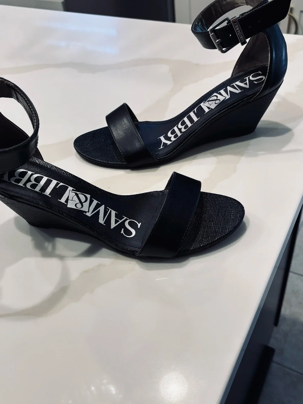 Sam & Libby Black Ankle-Strap Wedge Sandals