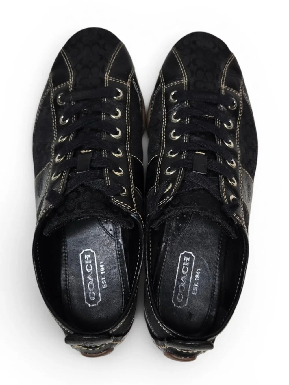 Coach Janae Black Leather Sneakers Womens Signature Canvas Gum Bottoms 7.5