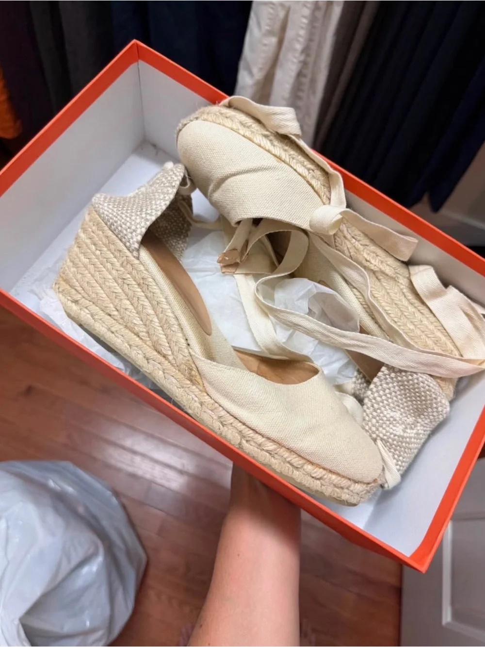 Castaner Cream Espadrille Wedge Sandals with Ankle Wrap