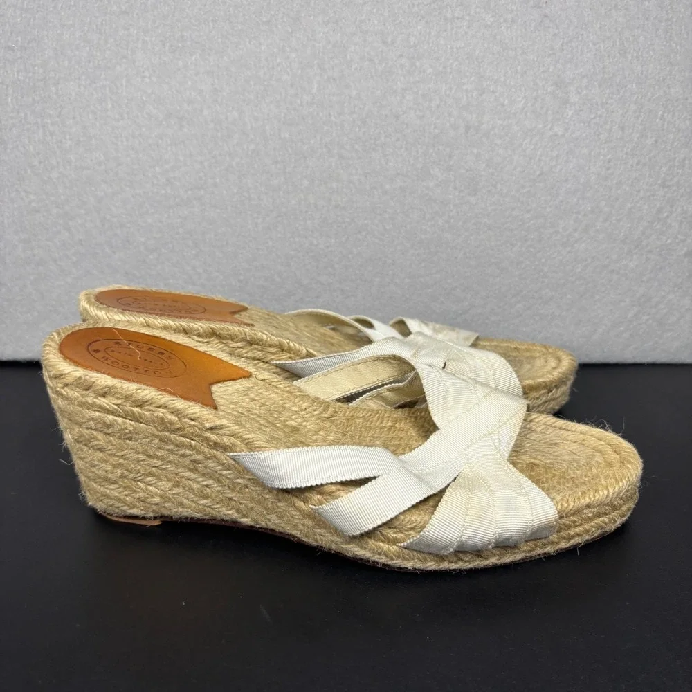 Stubbs & Wootton Espadrille Wedge Sandals White Grace Grosgrain Straps Size 38/8