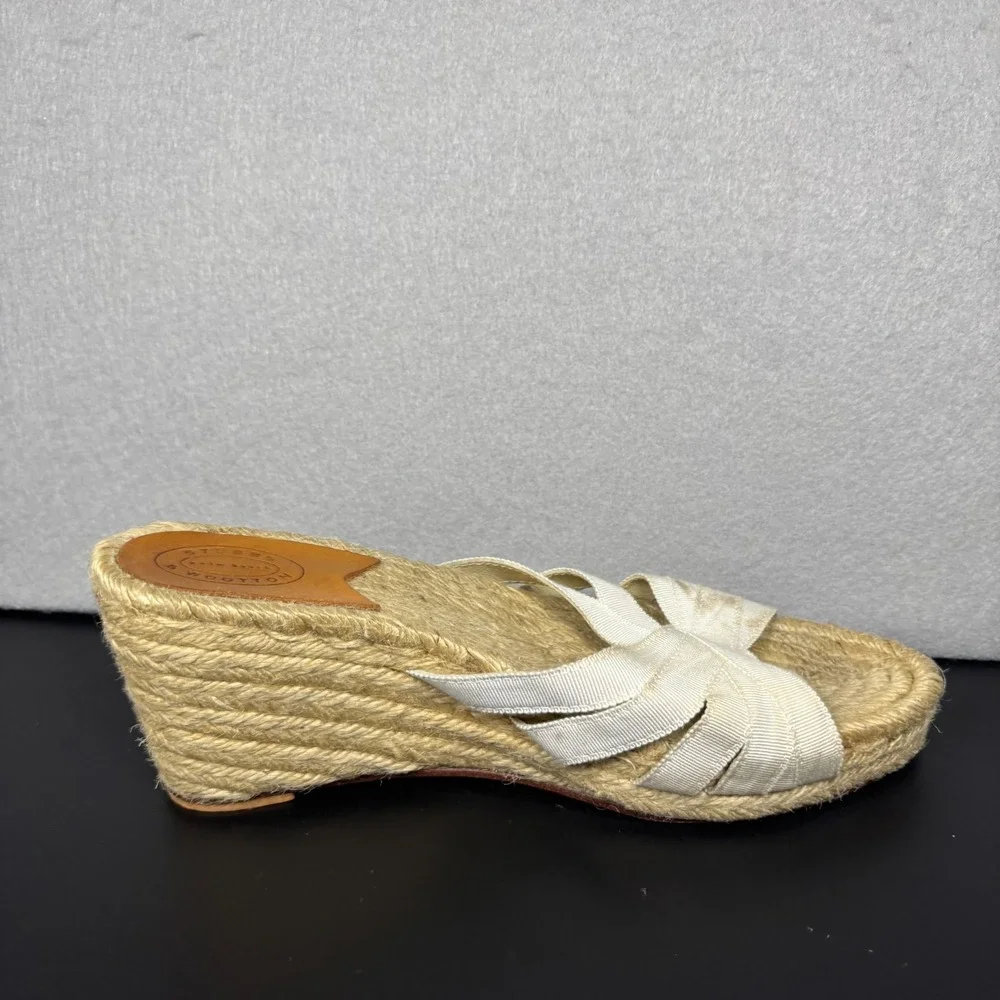 Stubbs & Wootton Espadrille Wedge Sandals White Grace Grosgrain Straps Size 38/8
