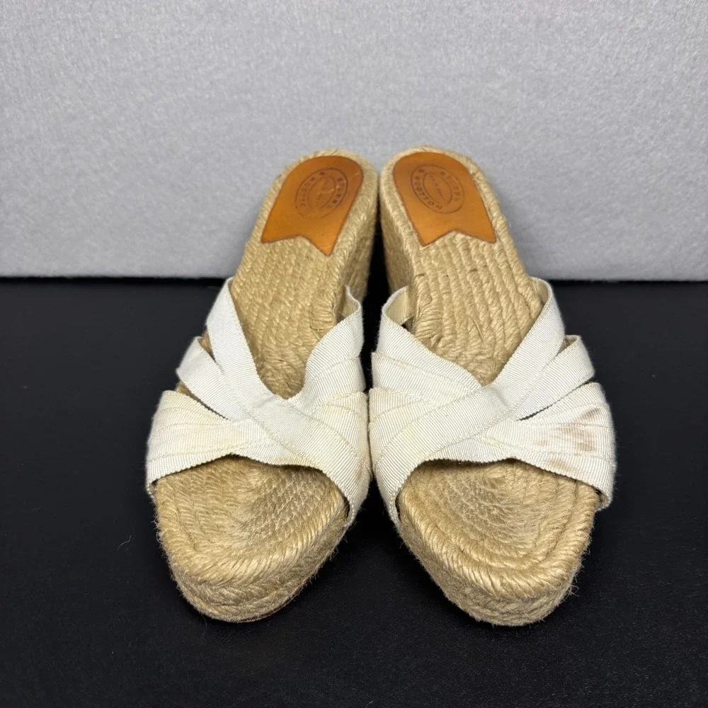 Stubbs & Wootton Espadrille Wedge Sandals White Grace Grosgrain Straps Size 38/8