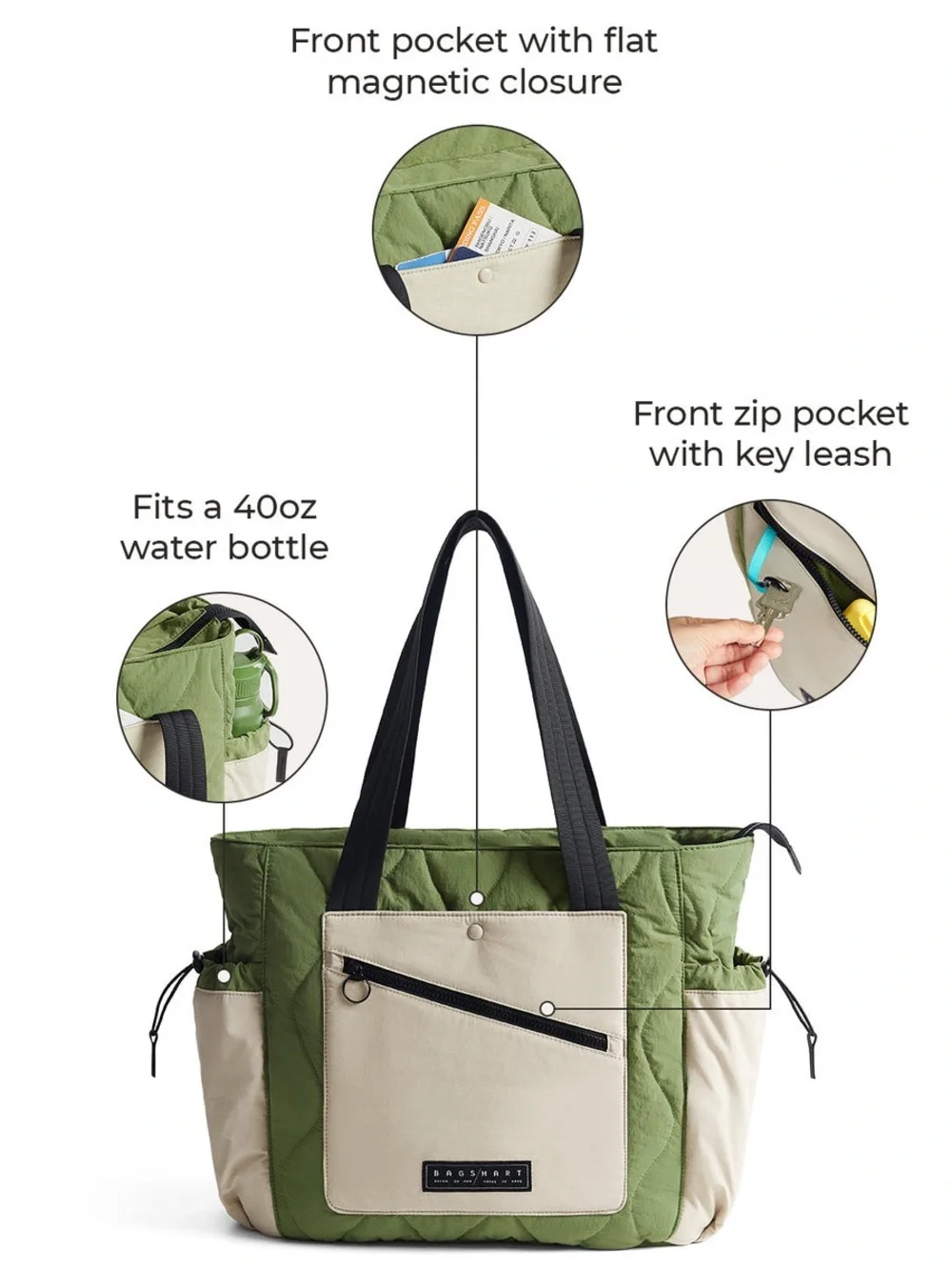BagSmart Paz Olive & Cream Quilted Tote Bag