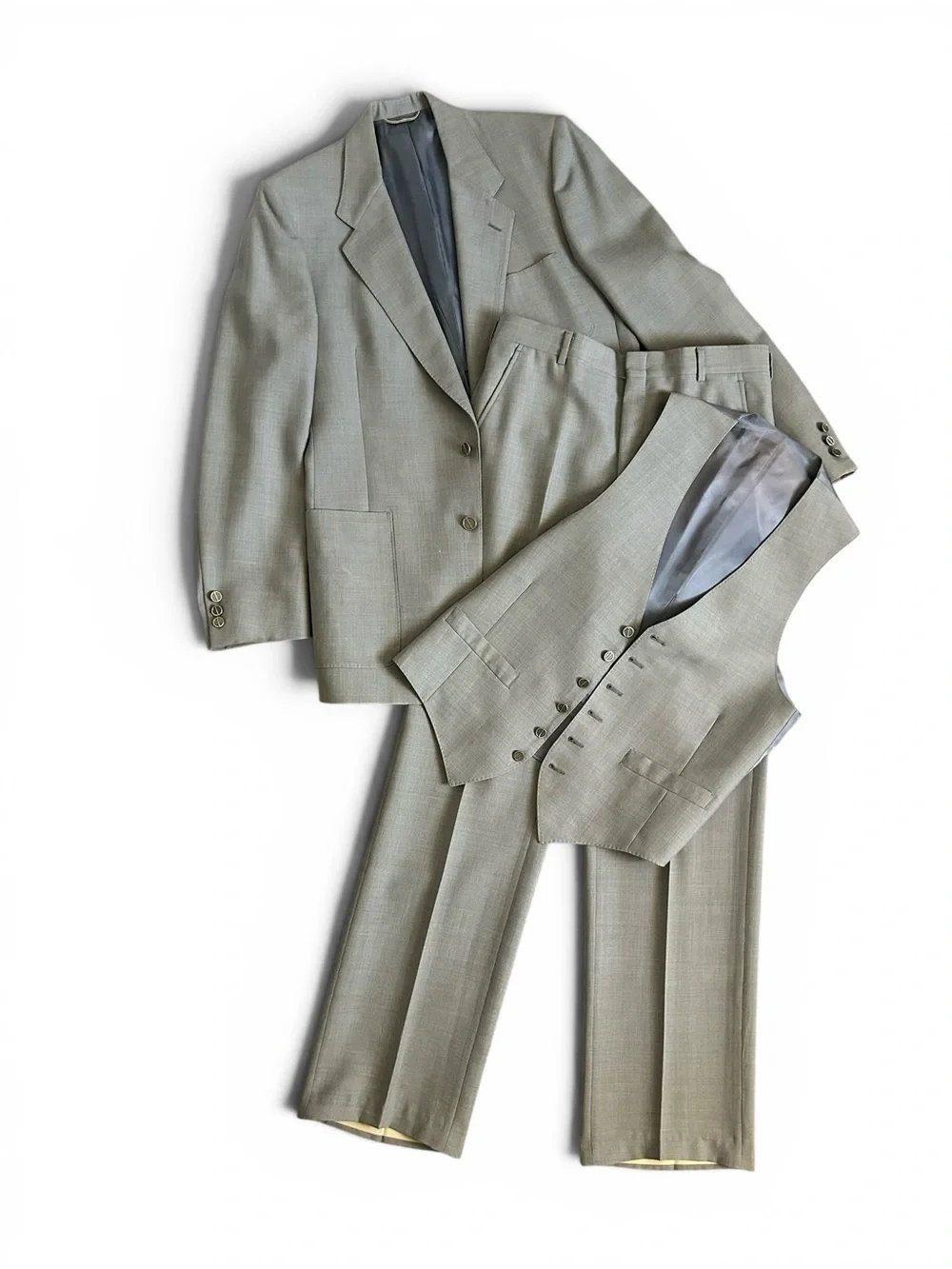 1970s DIOR 3 Puice Suit Logo Button, Flat Front pant 42L 34x34 UNION MADE