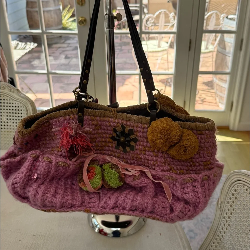 Handcrafted Pink Knit Tote Bag with Floral Pom Details