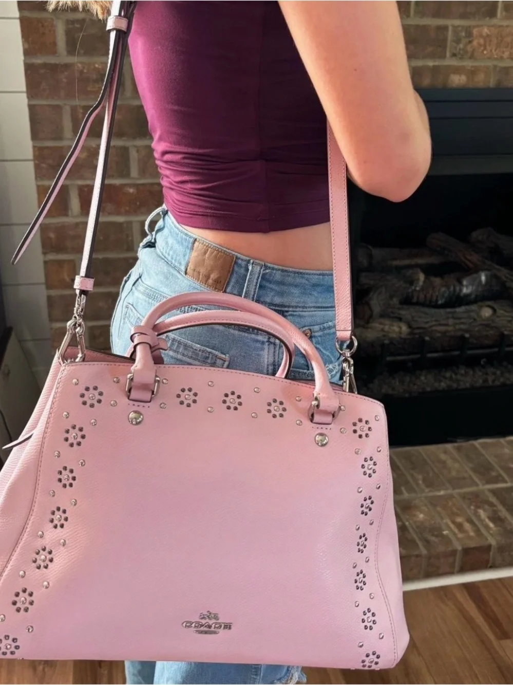Coach Pink Margot Carryall Studded floral bag