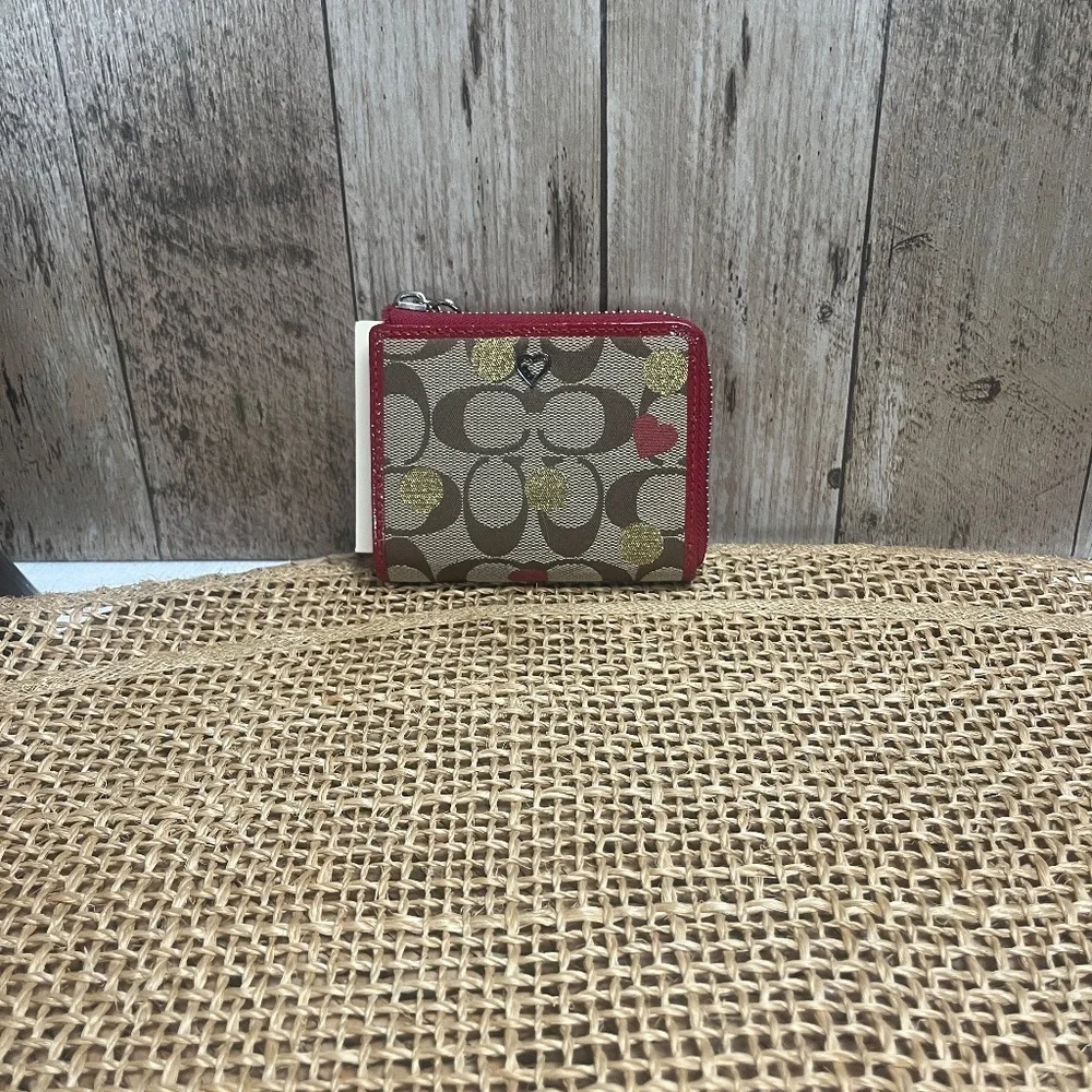 Coach Signature Heart Print Zip Around Small Wallet Red