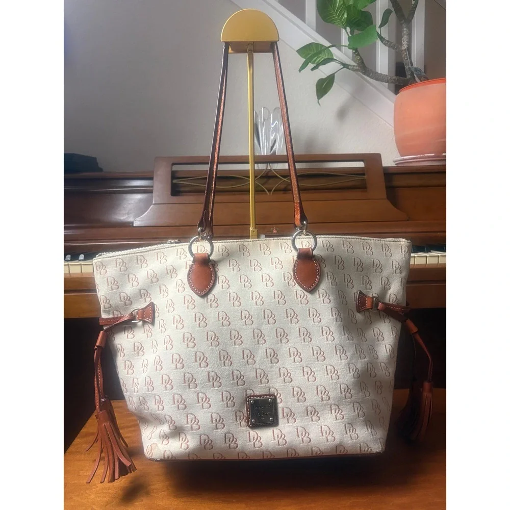 Dooney & Bourke DB Monogram Canvas Tote Bag Tassels‎ Leather Trim Large