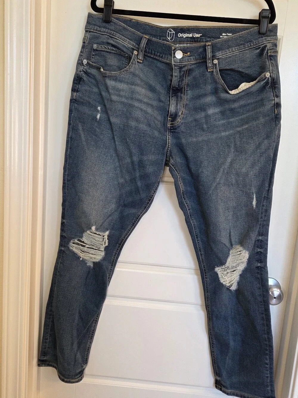 Original Use Men's Distressed Slim Taper Jeans 36x30 Medium Wash Stretch Denim