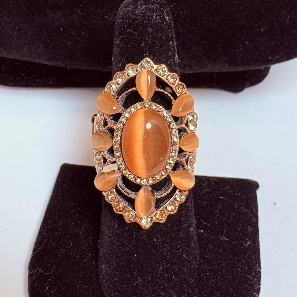 Elegant Brown and Rhinestone Stretch Statement Ring