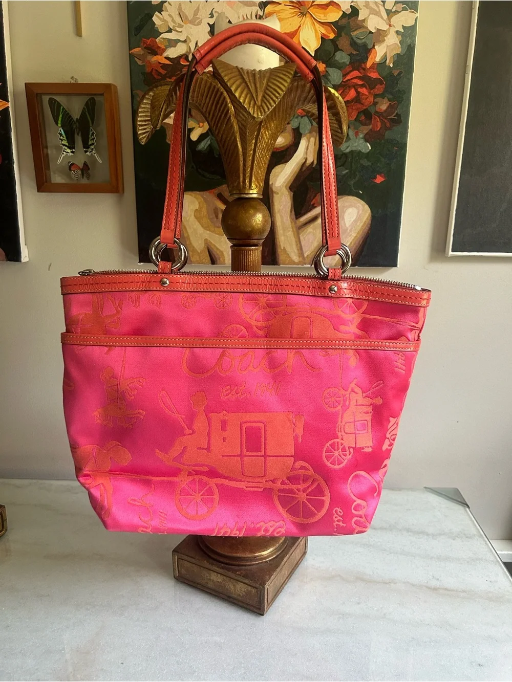 Coach Poppy Pink Op Art Horse & Carriage Jacquard Tote Shoulder Bag Coral