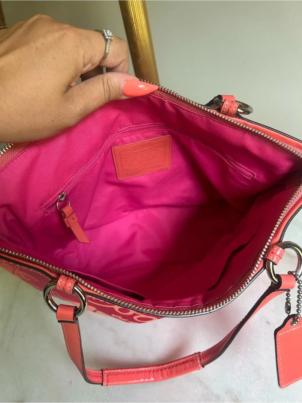 Coach Poppy Pink Op Art Horse & Carriage Jacquard Tote Shoulder Bag Coral