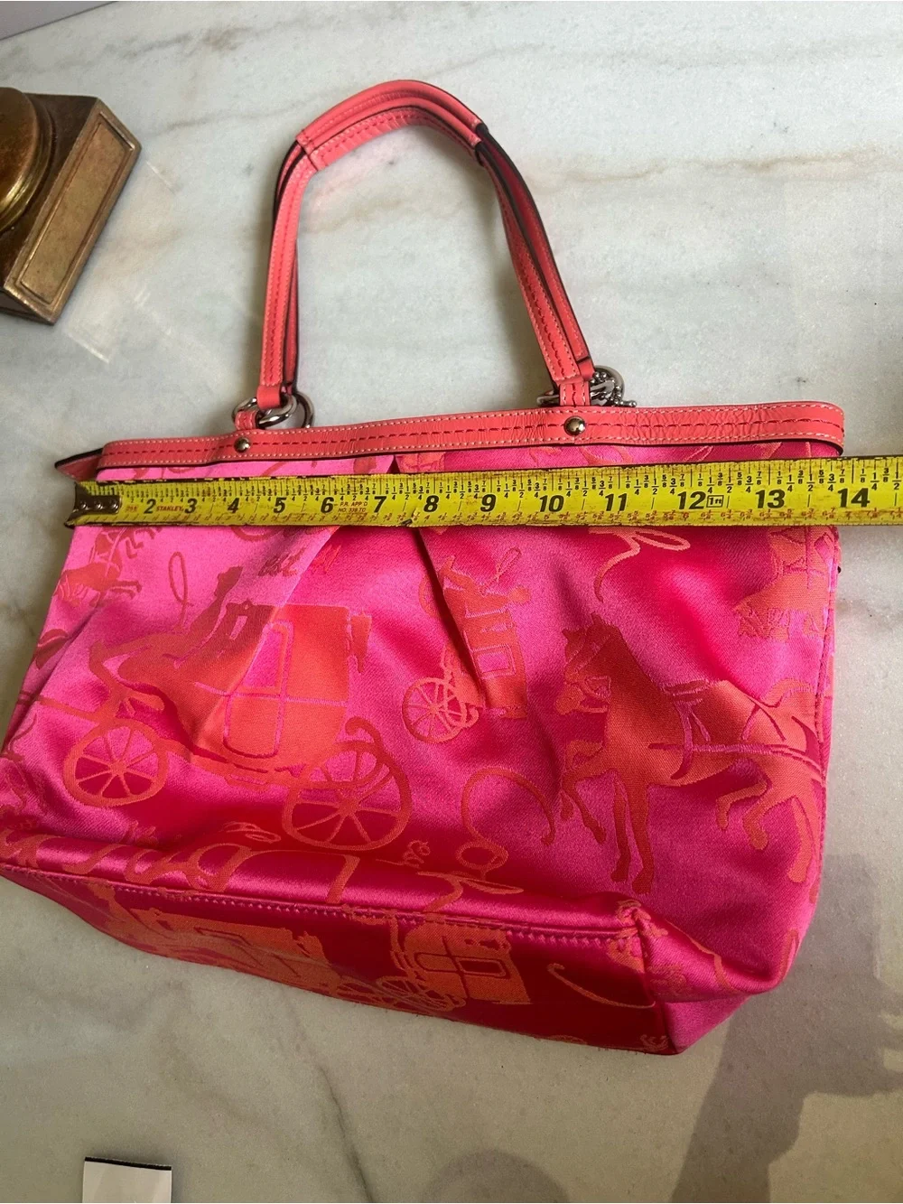 Coach Poppy Pink Op Art Horse & Carriage Jacquard Tote Shoulder Bag Coral