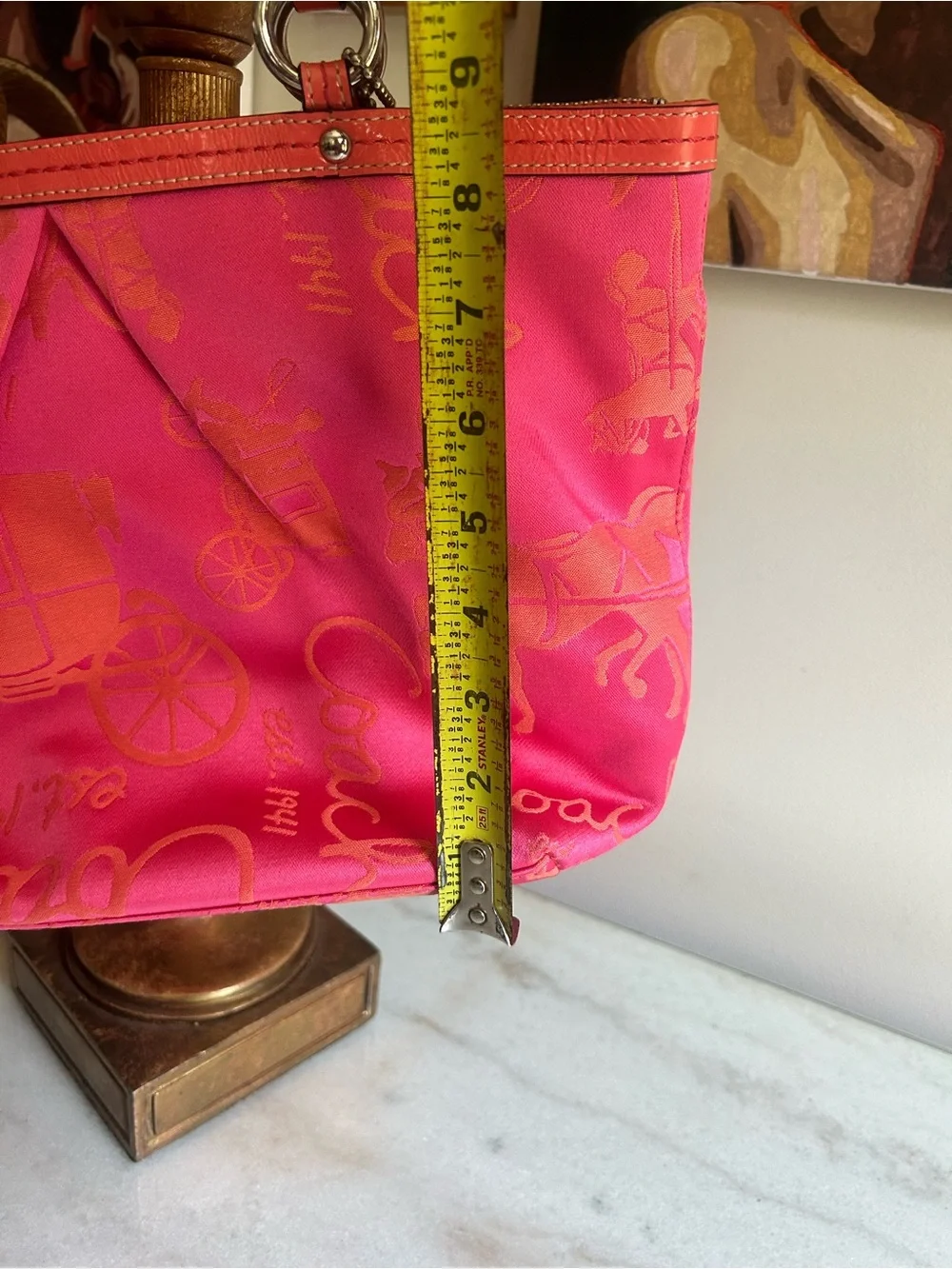 Coach Poppy Pink Op Art Horse & Carriage Jacquard Tote Shoulder Bag Coral