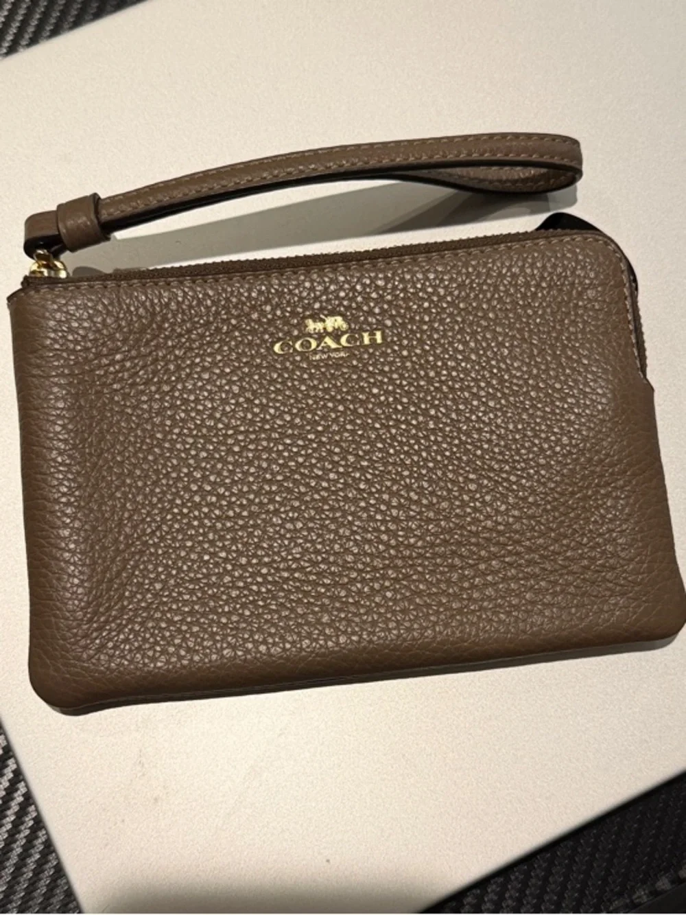 NEW! Coach Pebbled Leather Wristlet in Taupe Brown with Gold Logo