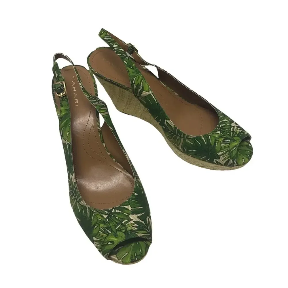 Tahari Taylor Raffia Wedge Sandals tropical palm frond peep toe WOMEN’S SIZE 11
