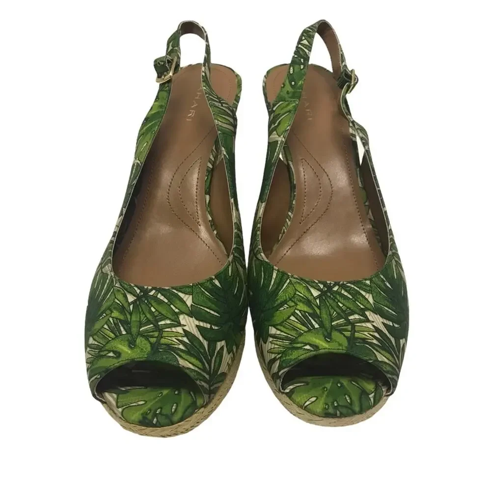 Tahari Taylor Raffia Wedge Sandals tropical palm frond peep toe WOMEN’S SIZE 11