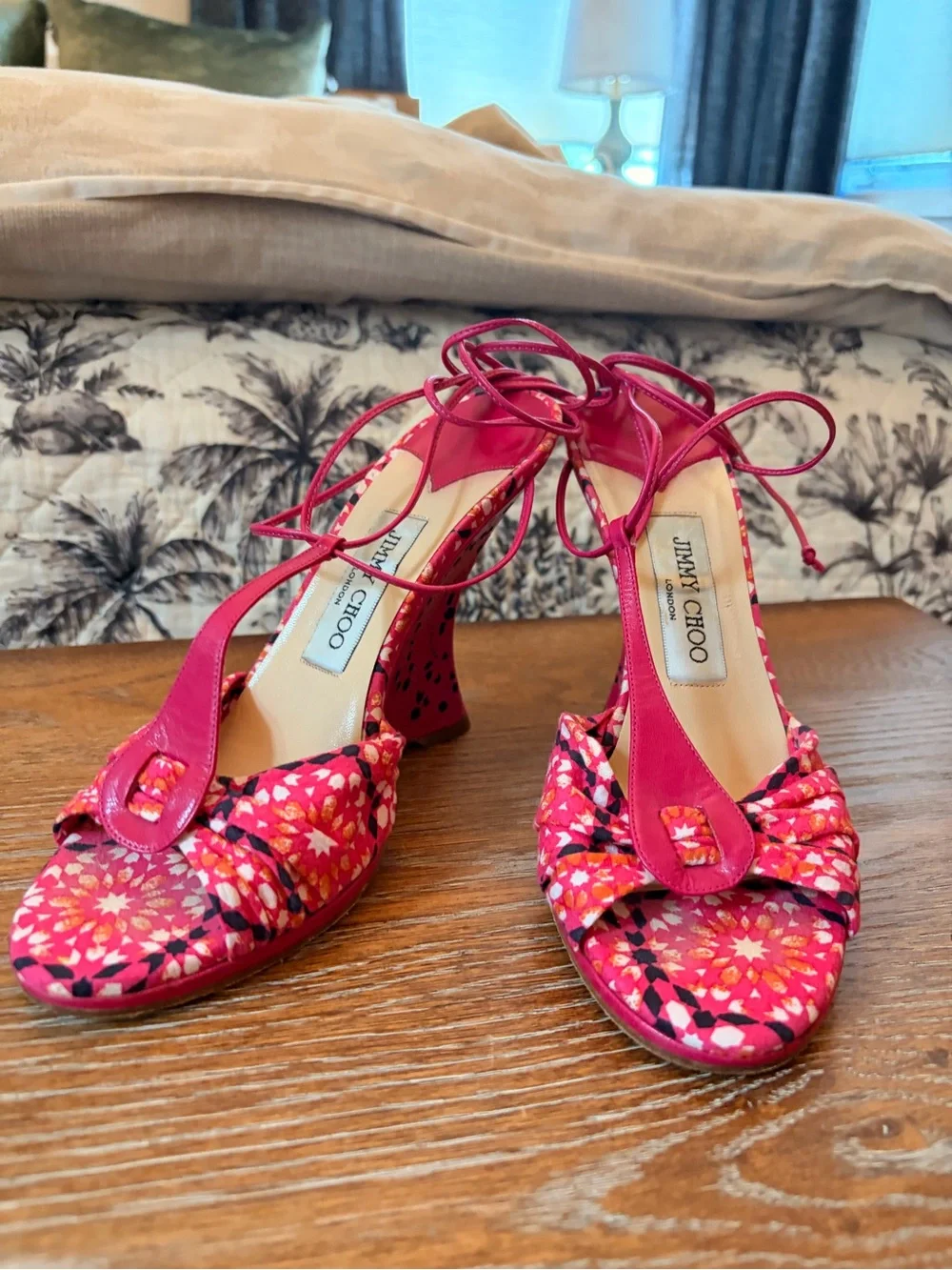 Jimmy Choo Pink Floral Lace-Up Heels wedges Sandals