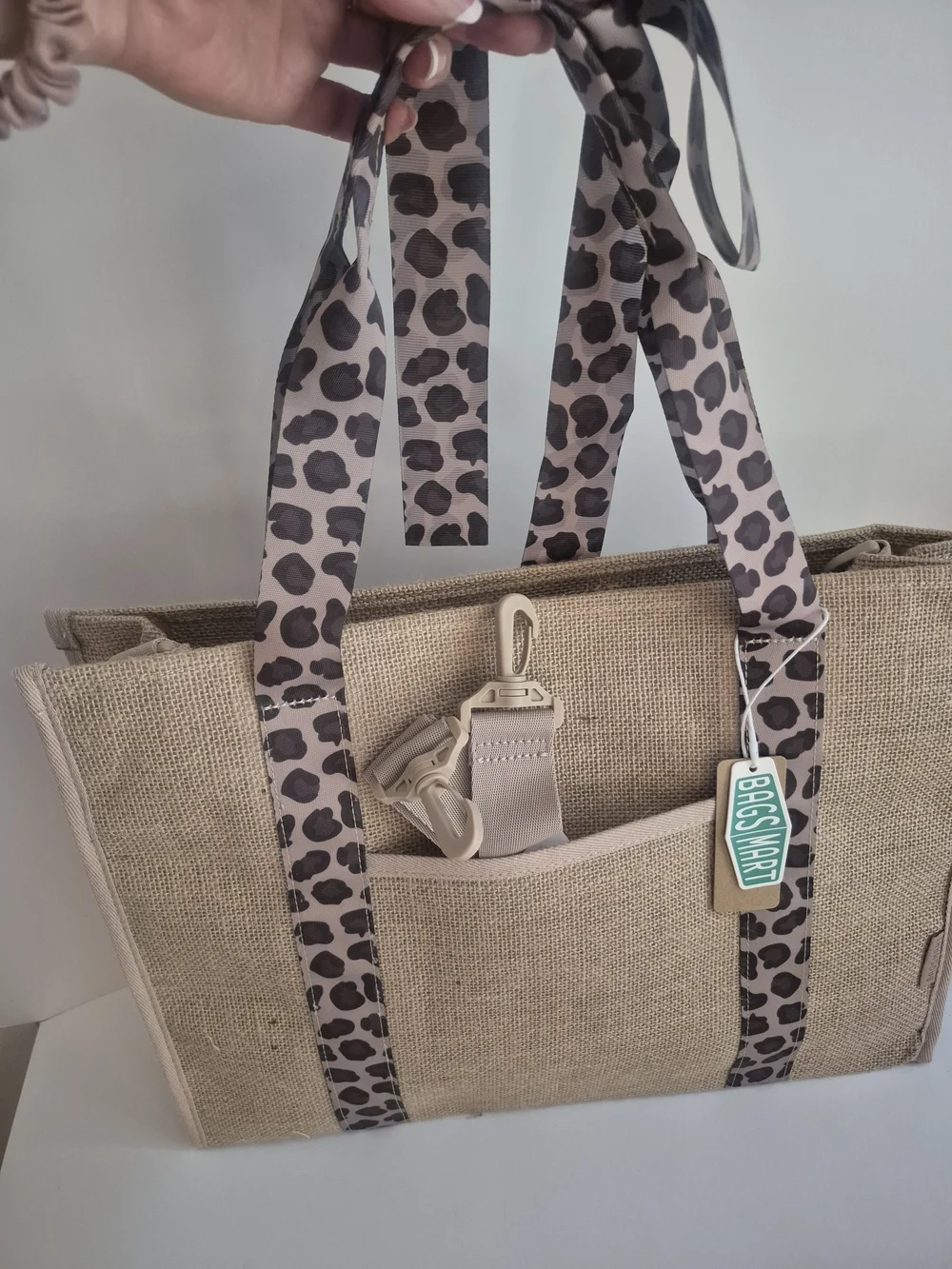 Bagsmart Natural Canvas Beach Tote with Leopard Ribbon Trim