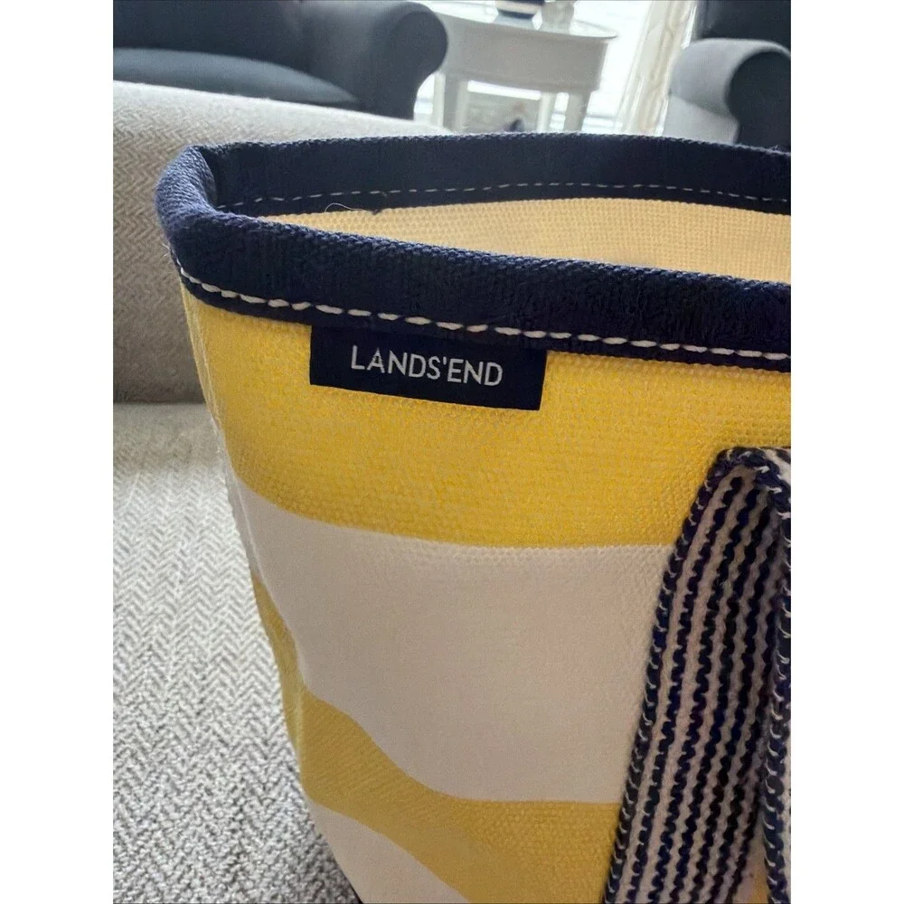 LANDS END Boat Bag Tote Nautical Yellow and Navy Stripe Mini