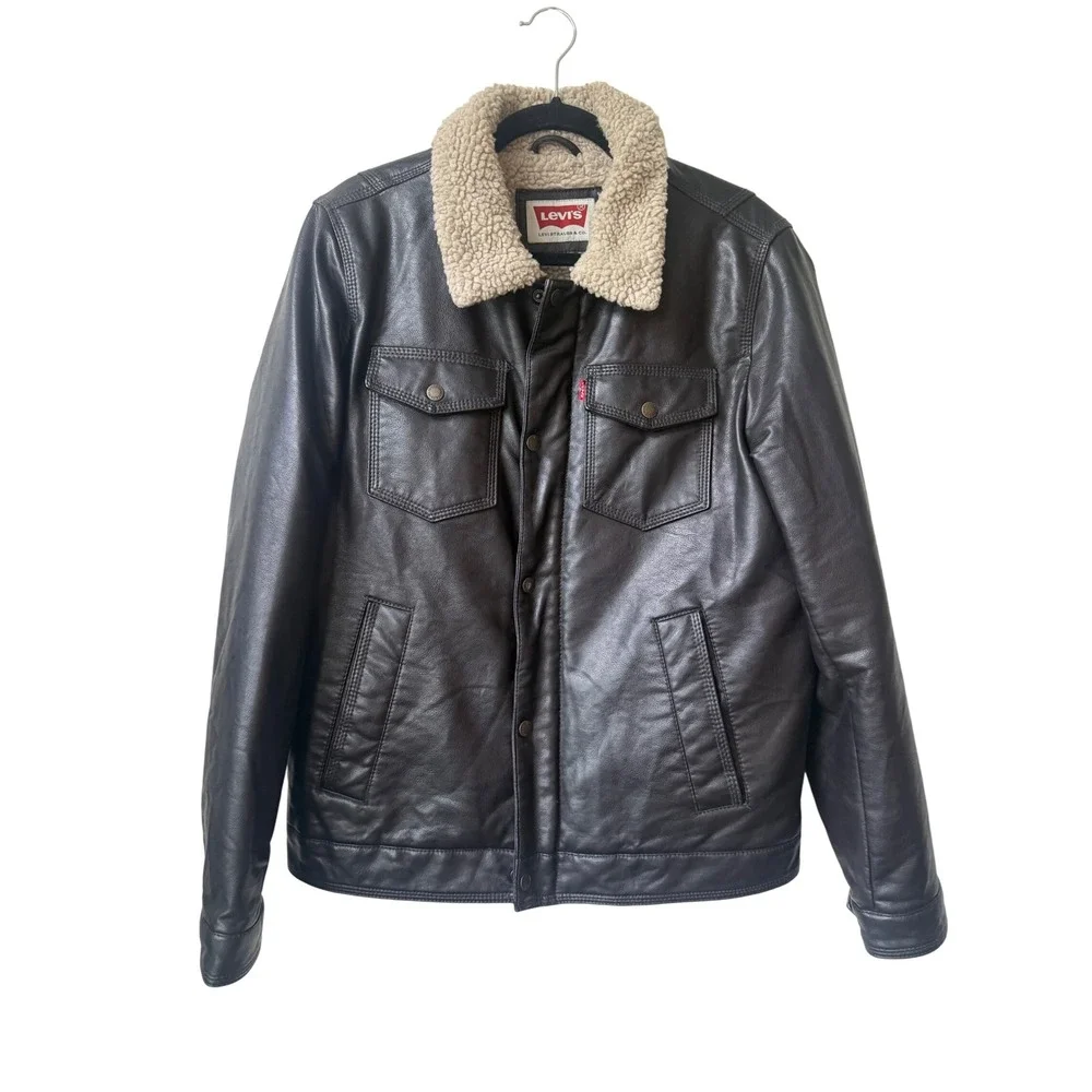 Levis Mens Black Faux Leather Sherpa Trucker Jacket Size S Bomber Full Zip‎