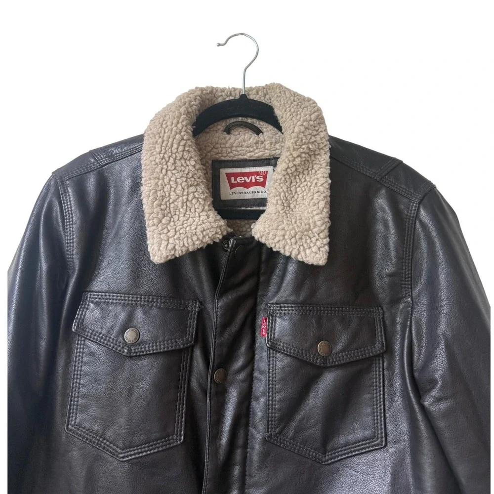 Levis Mens Black Faux Leather Sherpa Trucker Jacket Size S Bomber Full Zip‎