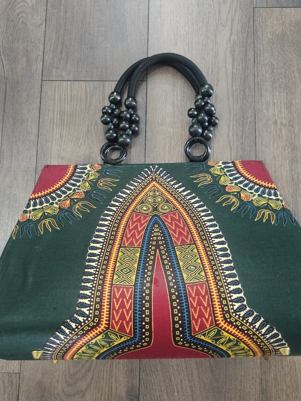 Unbranded Green & Red African Print Beaded Handle Tote