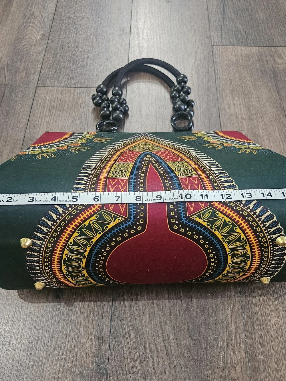 Unbranded Green & Red African Print Beaded Handle Tote