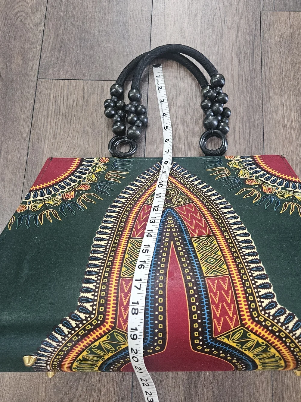 Unbranded Green & Red African Print Beaded Handle Tote