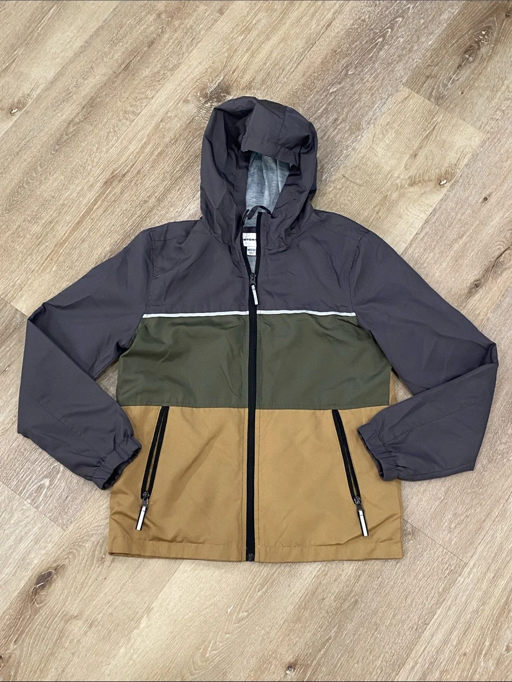 Distortion Hooded Lined Windbreaker Zip Jacket Navy Green Tan Reflector Stripe