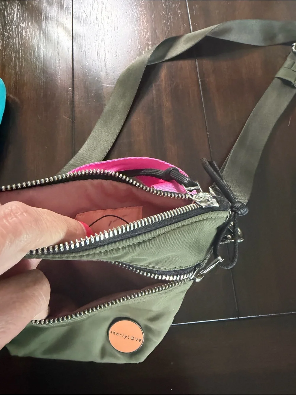 Olive Green Messenger Crossbody Bag with Pink Interior